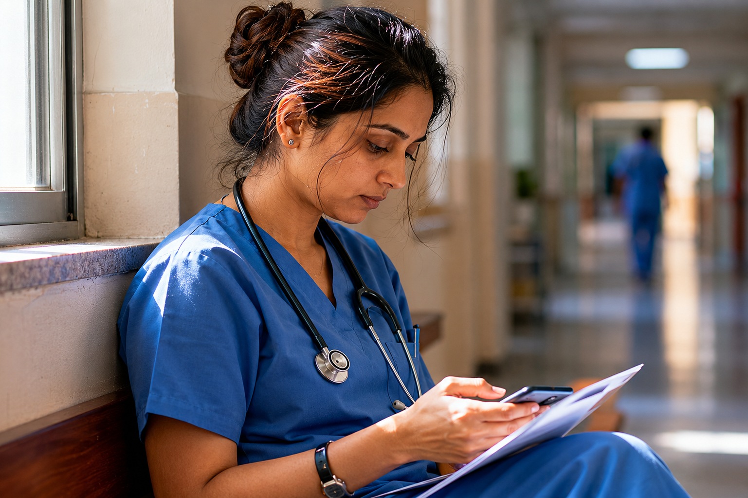 Nurse in a quiet hospital corridor during a brief moment of focus