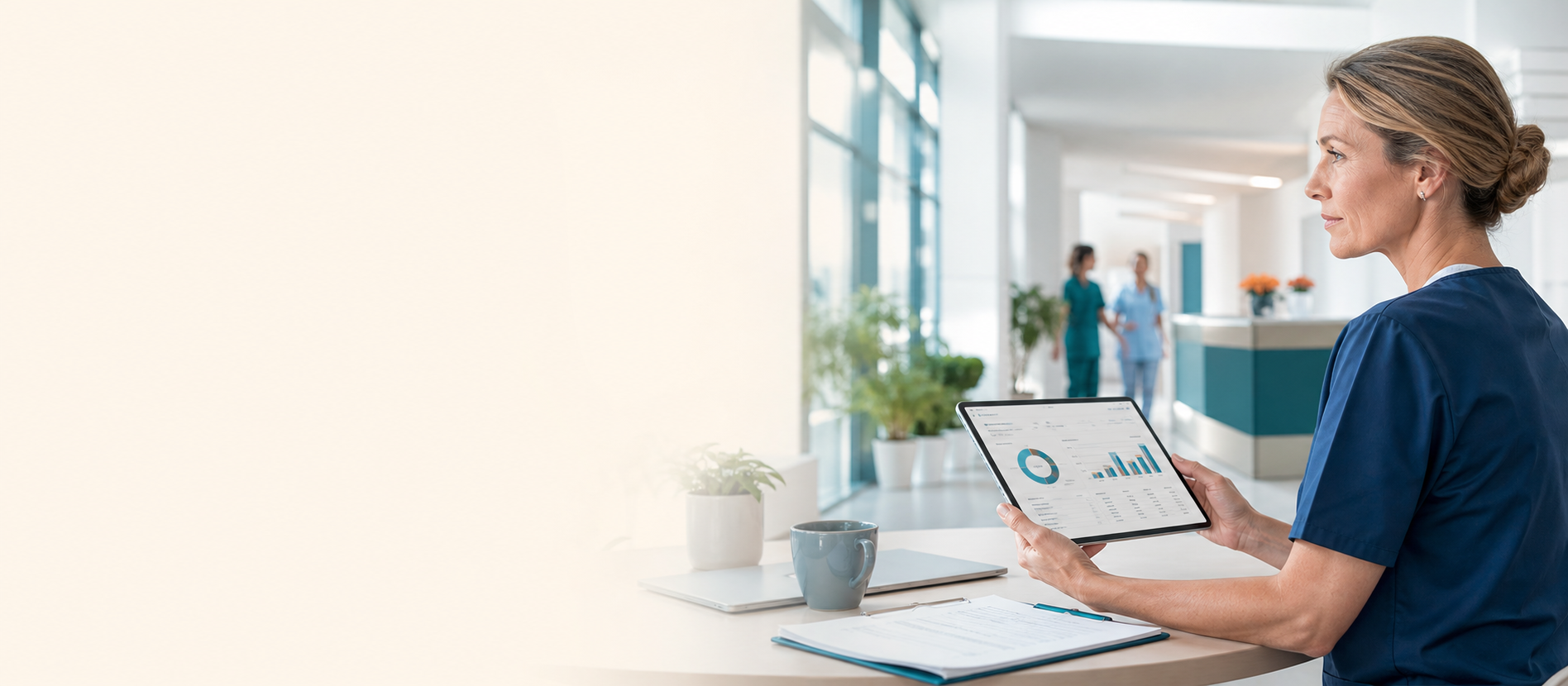 Heller Pflege- und Krankenhauskontext mit Tablet und Personalbudget-Grafik